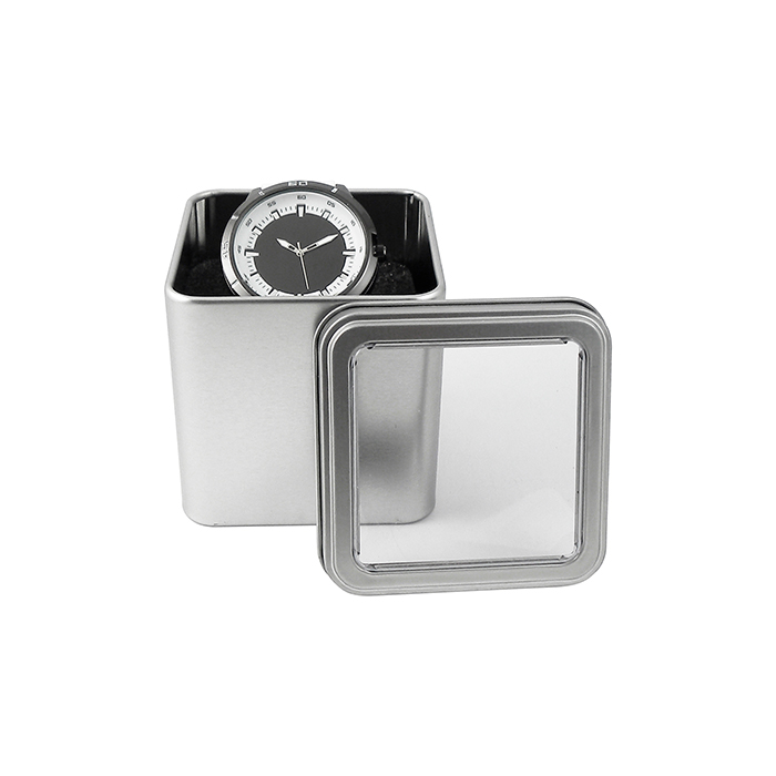 Estuche metálico cuadrado con ventana en tapa.